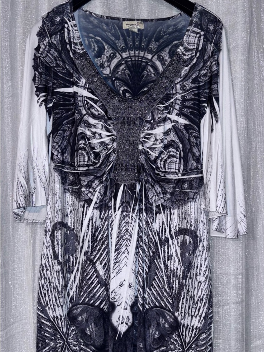 ONE WORLD Black and White Symmetric Beaded V-Neck Dress